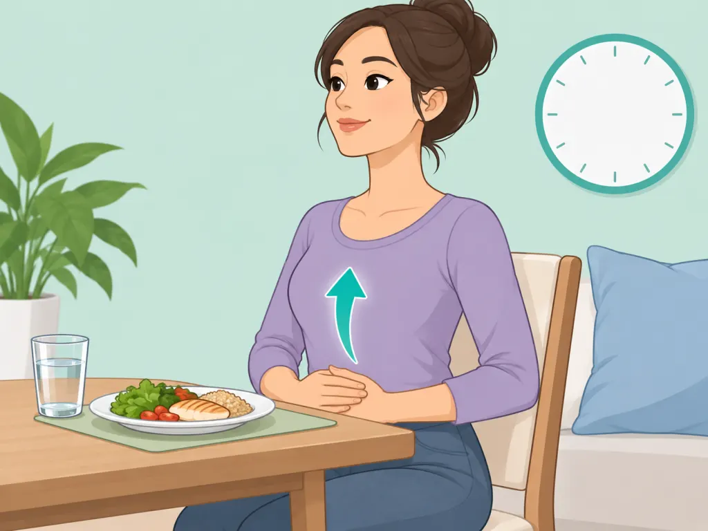 Person staying upright after eating to reduce reflux-related throat irritation.