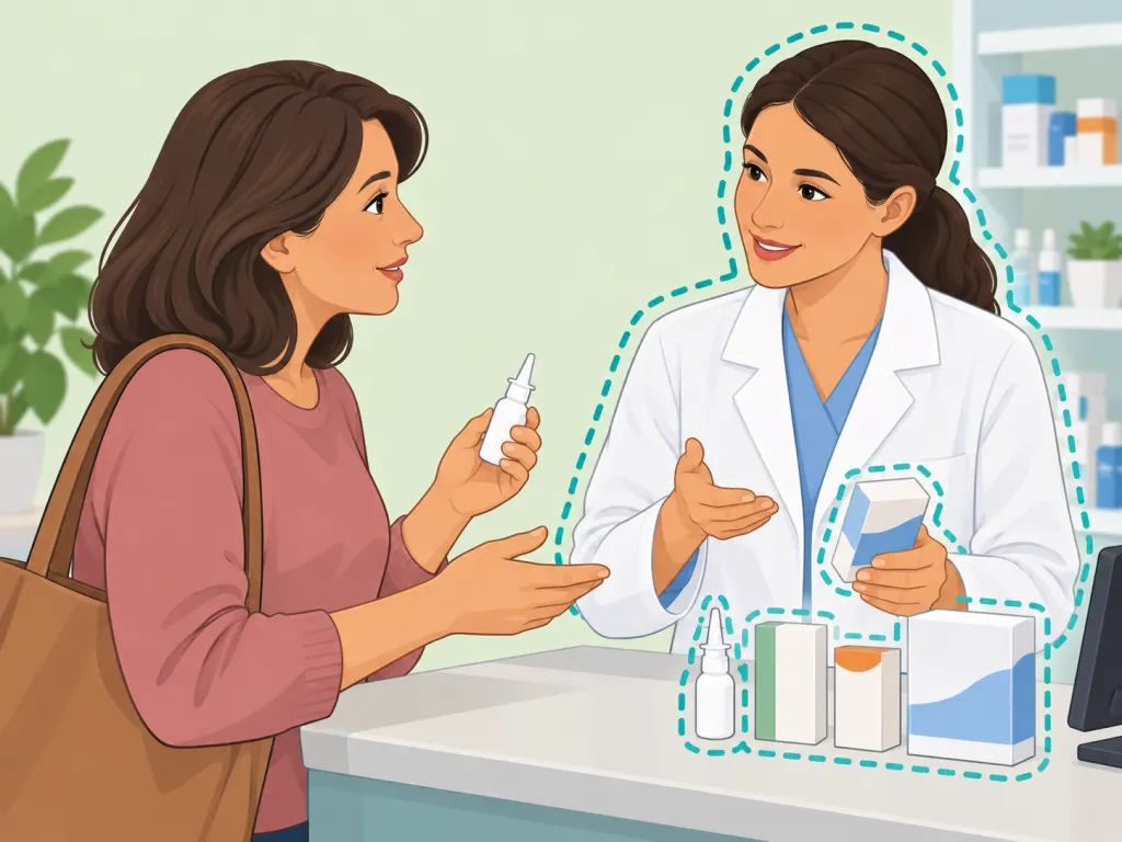 Person asking a pharmacist about nonprescription options for throat mucus.