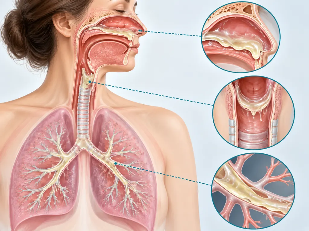 A simple non-graphic illustration of mucus lining the nose, throat, and airways.