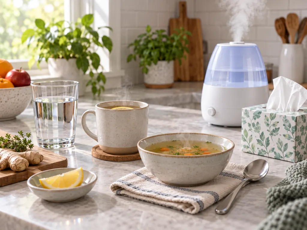 Water, a warm drink, broth, tissues, and a clean humidifier arranged on a counter.
