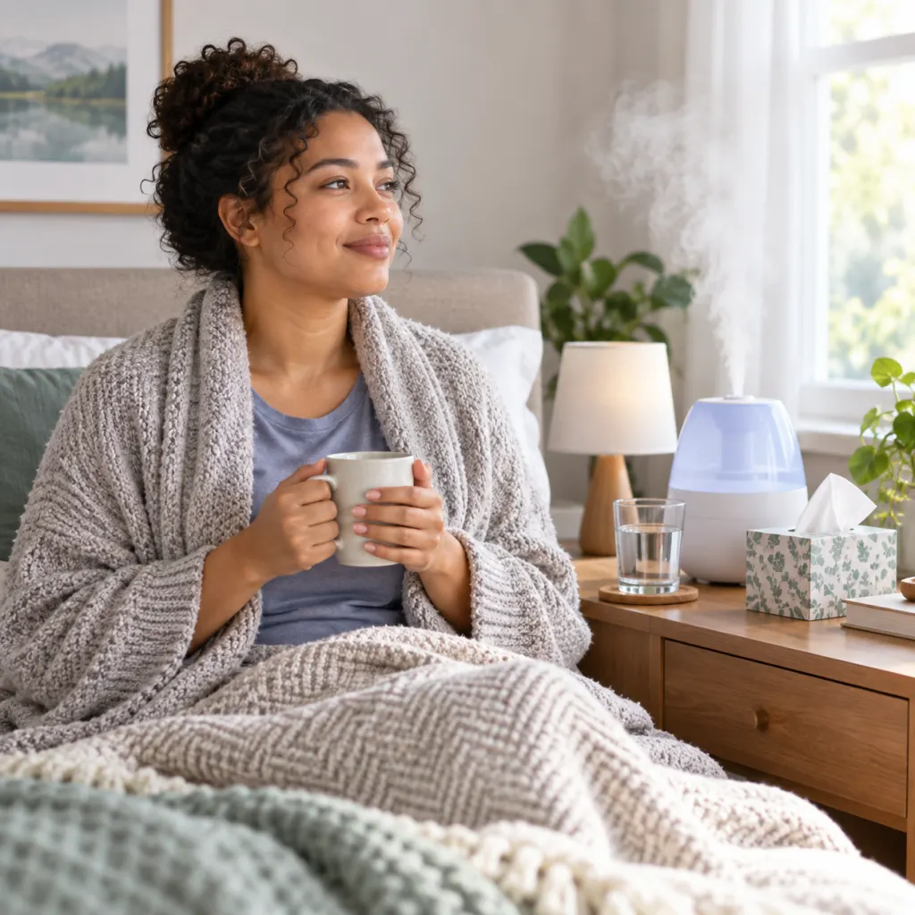 A person sitting upright with water, tissues, and a cool-mist humidifier nearby.