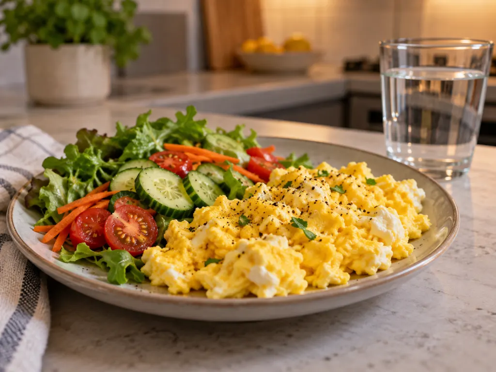 Cooked eggs served with vegetables and water as a modest evening snack.