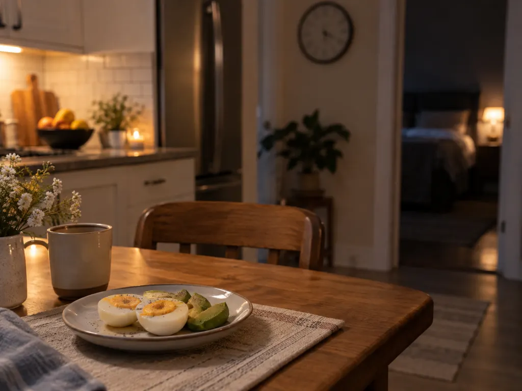 A small egg snack on an evening table with a softly lit bedroom in the background.