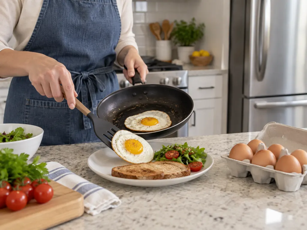 A clean kitchen scene showing cooked eggs plated safely near refrigerated eggs.