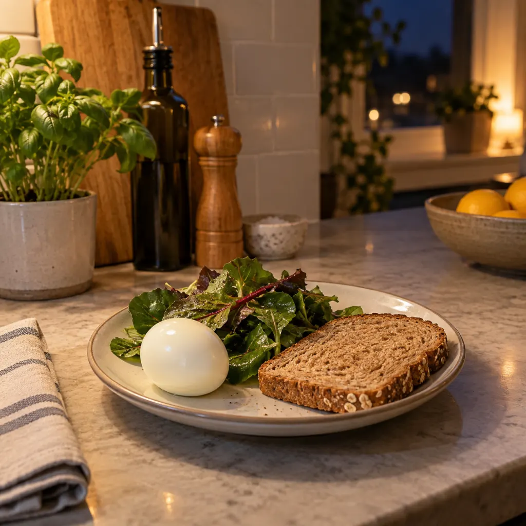 A simple evening plate with a boiled egg, greens, and toast on a kitchen counter.
