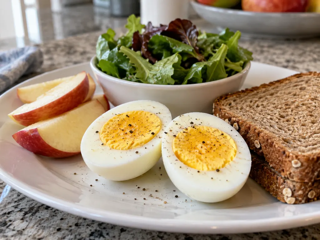 A halved boiled egg shown with greens, toast, and fruit to illustrate breakfast balance.