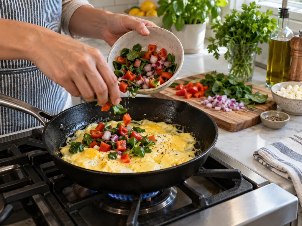 Vegetables being cooked with eggs in a skillet for a simple breakfast.