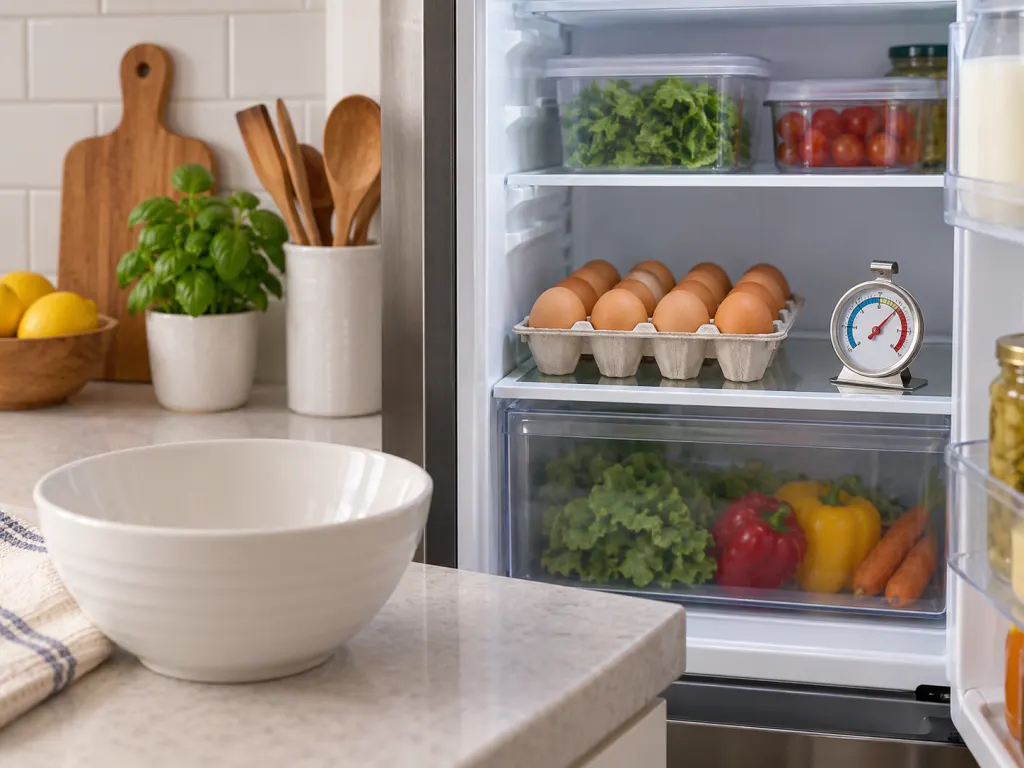 Eggs stored on a refrigerator shelf with a thermometer nearby for safe handling.