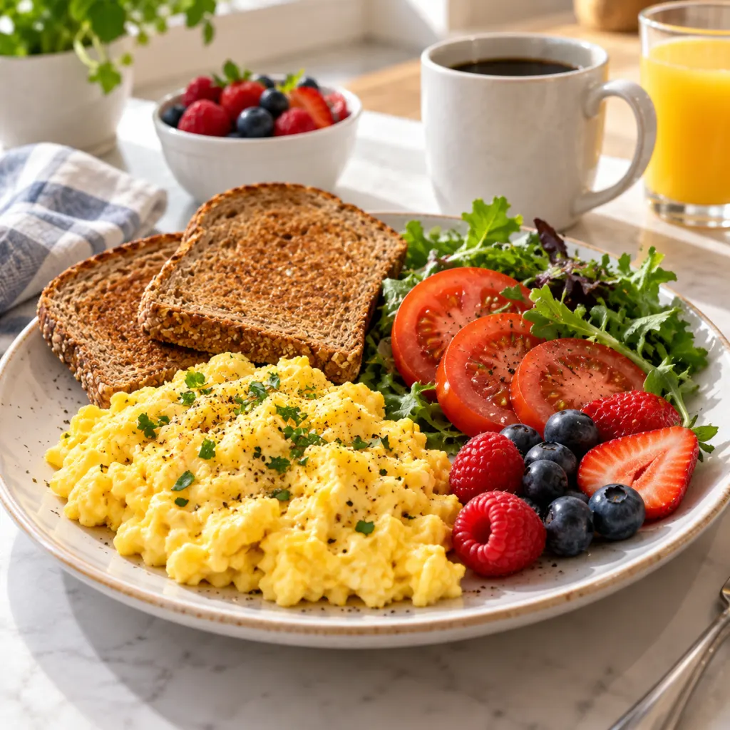 A balanced breakfast plate with eggs, toast, vegetables, and berries in morning light.