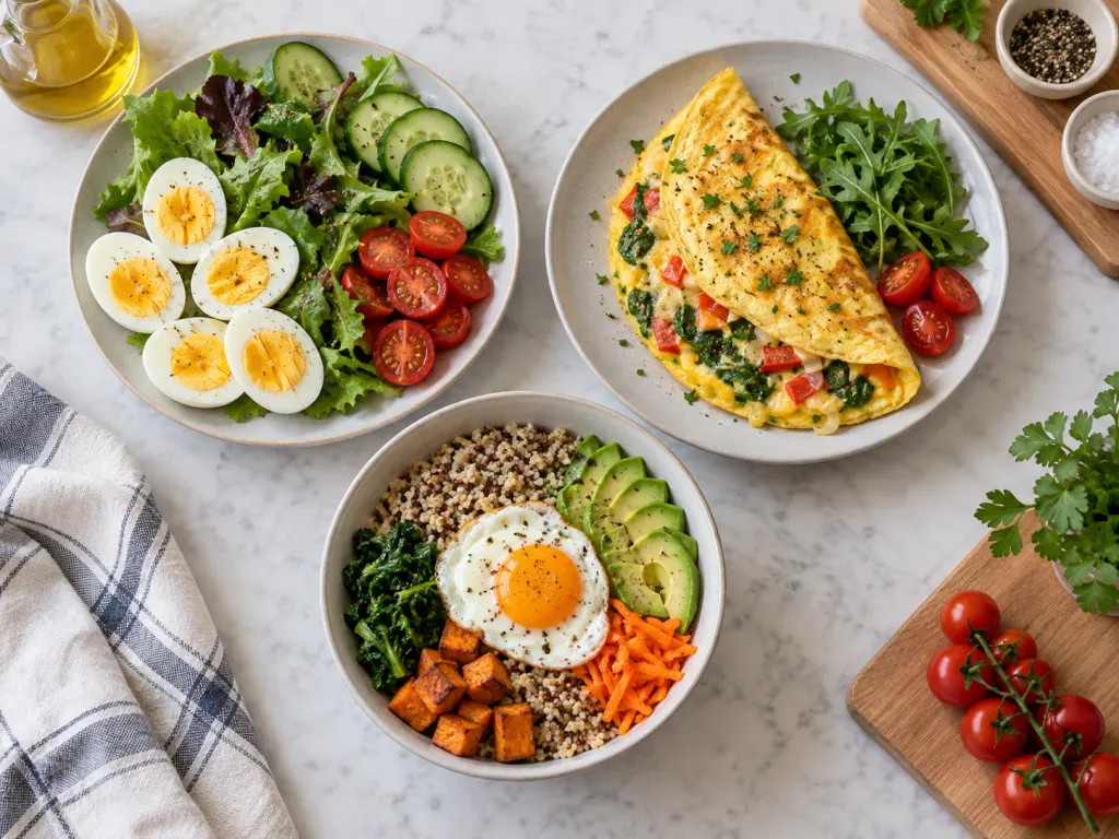 Several balanced egg-based meal ideas arranged on a clean kitchen counter.