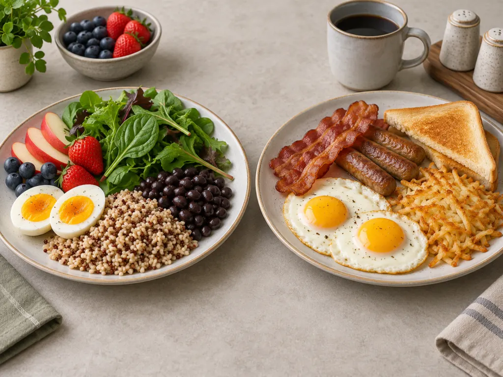 An illustration comparing a balanced egg plate with a richer egg plate and processed sides.