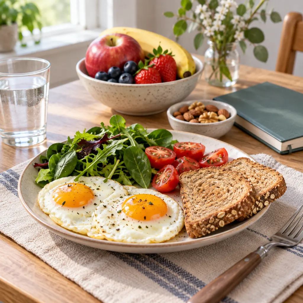 A balanced plate with cooked eggs, vegetables, toast, fruit, and a notebook on a kitchen table.
