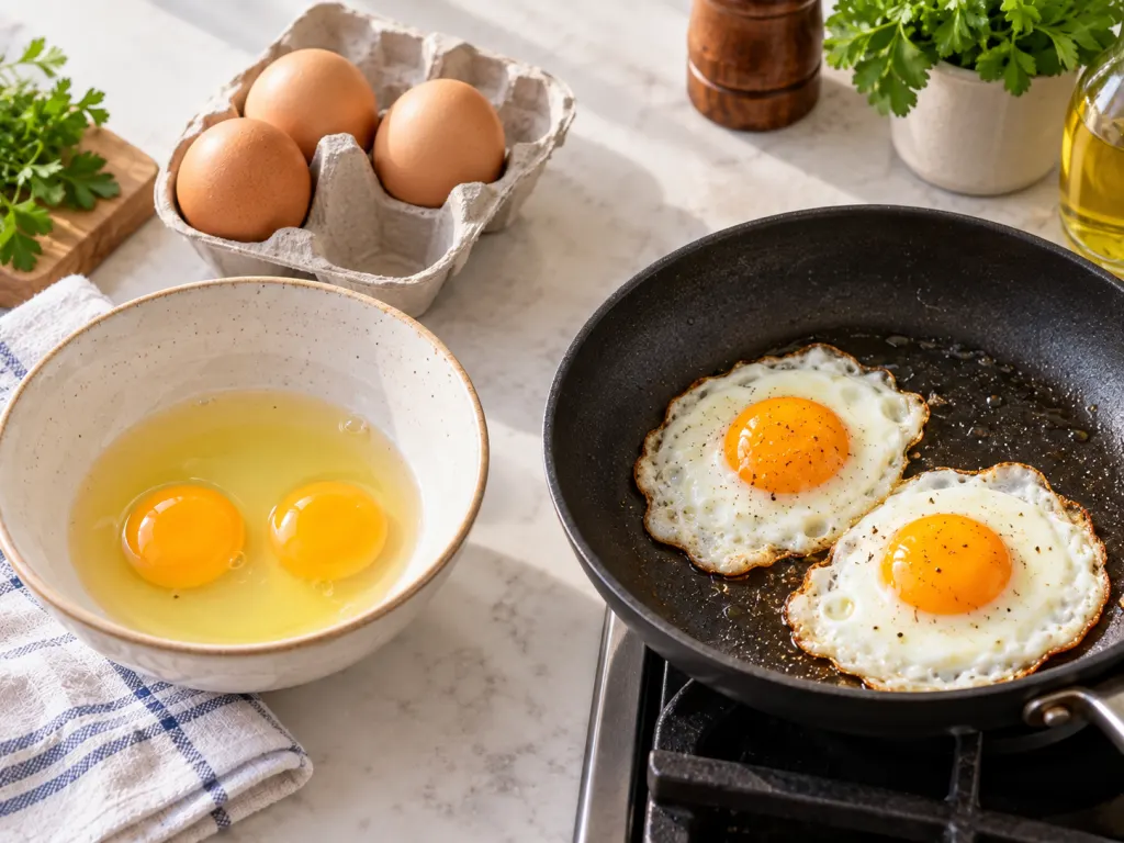 Two cracked eggs prepared for cooking while four whole eggs remain in a carton.