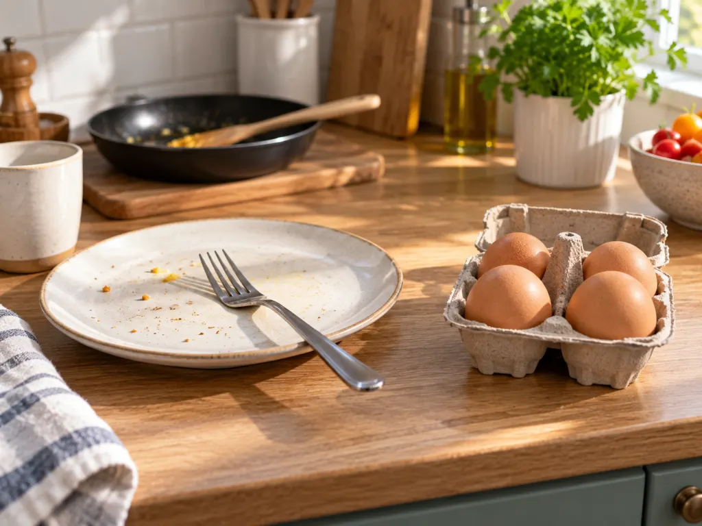 Four whole eggs left in a carton beside an empty breakfast plate.