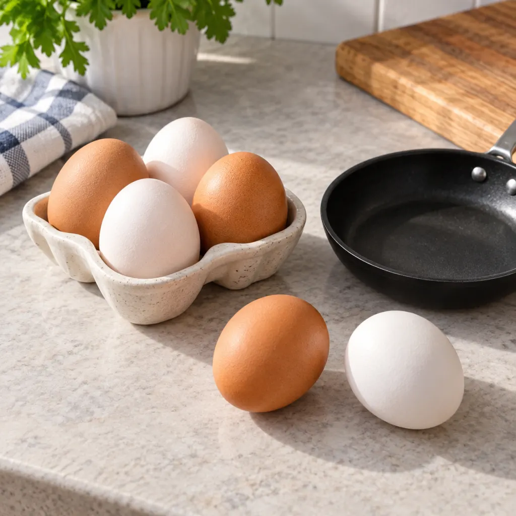 Six eggs on a kitchen counter with two set apart beside a skillet.