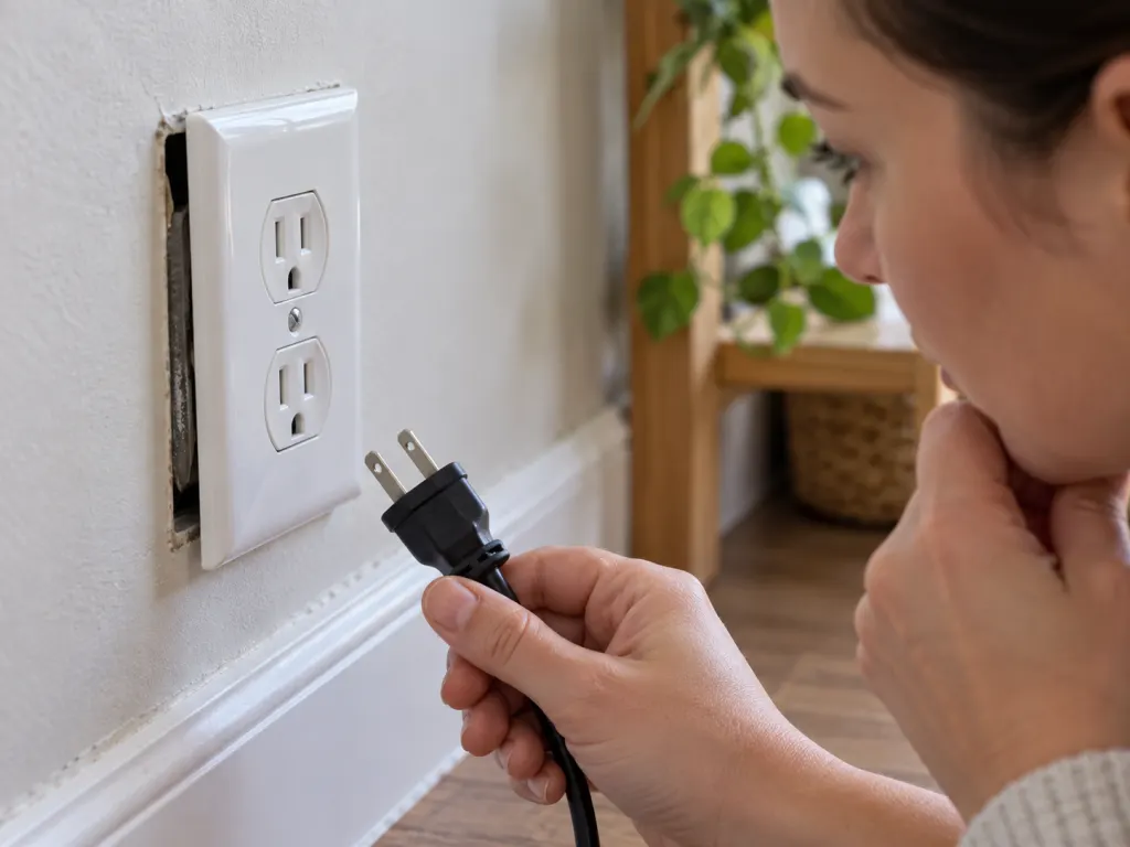 A close view of a wall outlet being checked for looseness before use.