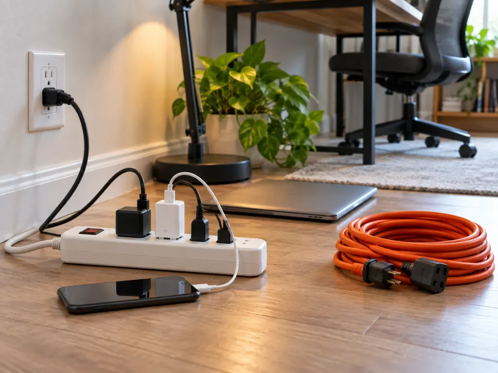 A neat home office setup with a power strip used for a small number of electronics.
