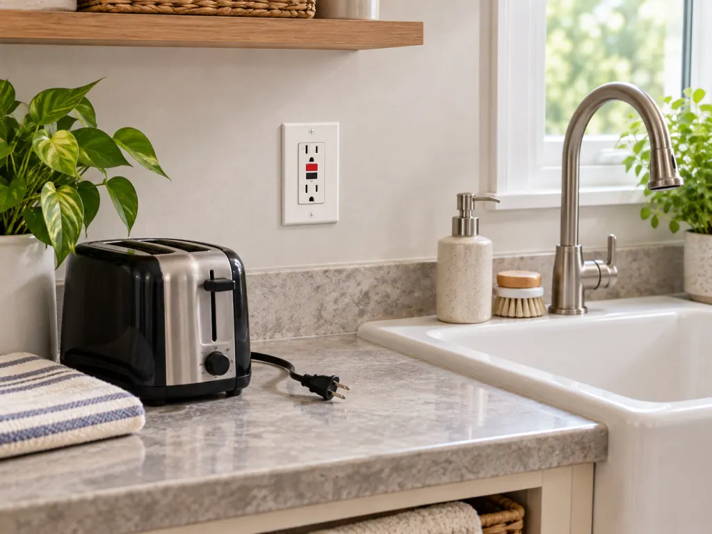 A GFCI outlet near a dry sink area with an unplugged appliance kept away from water.