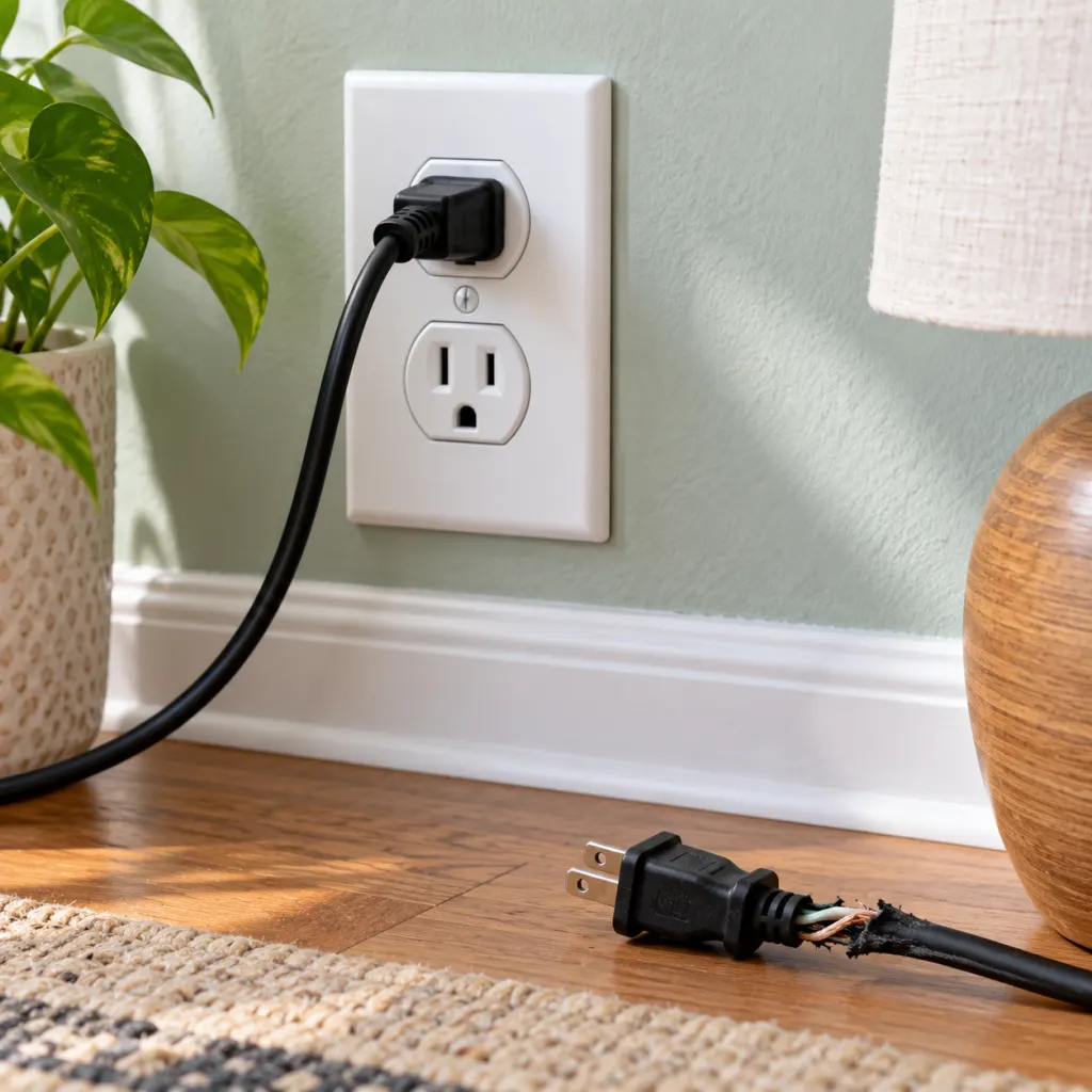 A tidy home outlet area with a secure plug and a damaged cord set aside for inspection.
