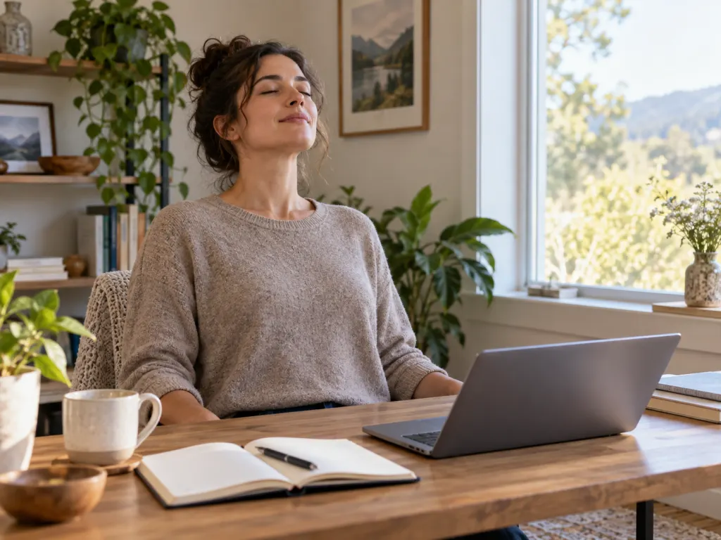 Person pausing at a desk with relaxed shoulders and an open journal.