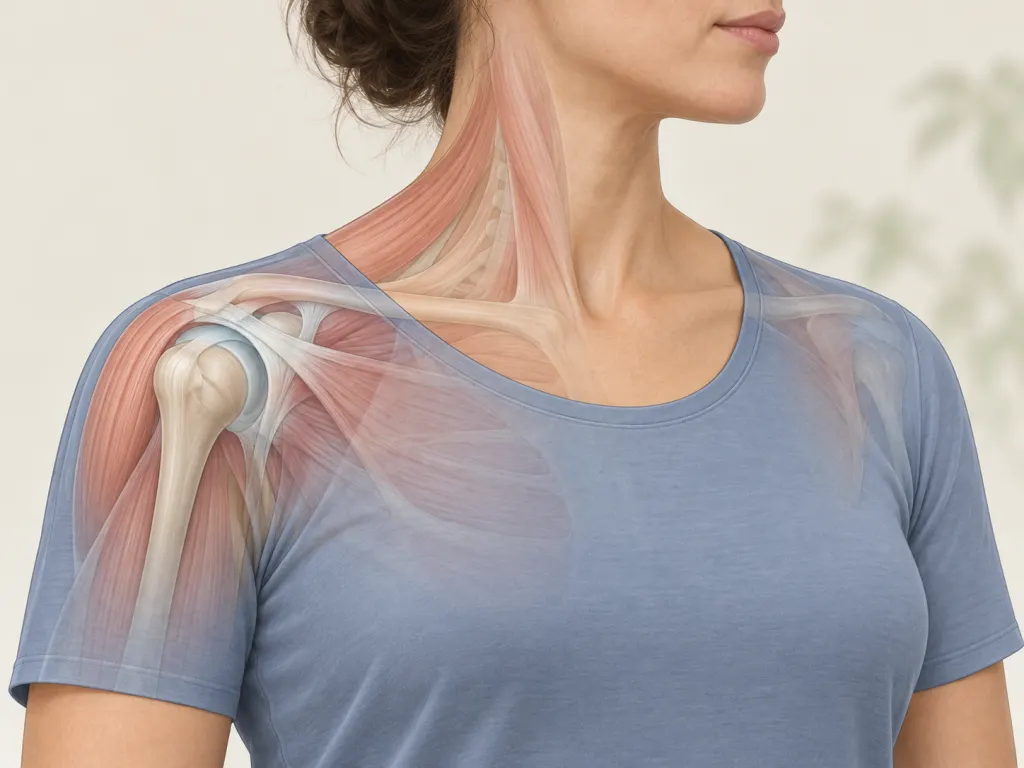 Non-graphic educational illustration showing shoulder and upper back regions on a clothed silhouette.