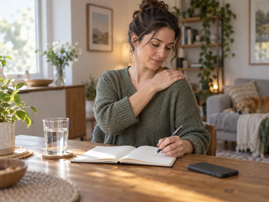 Person calmly recording shoulder pain patterns in a notebook at home.