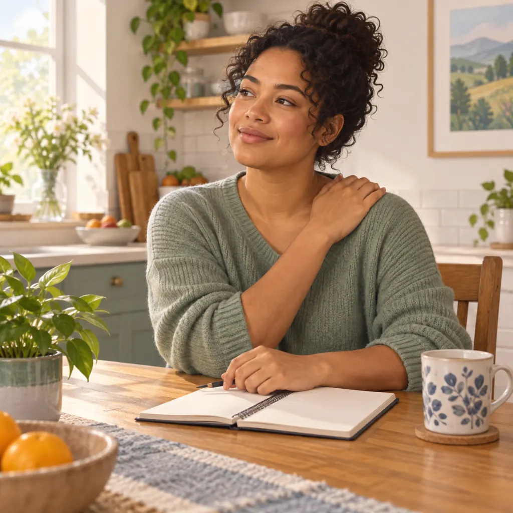 Calm illustration of a person reflecting at a table while noticing shoulder discomfort.