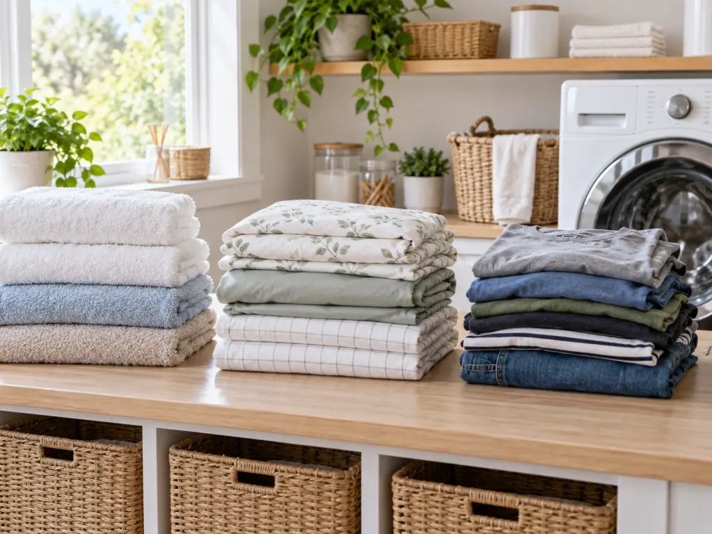 Sorted laundry piles of towels, sheets, and clothing arranged beside a washing machine.