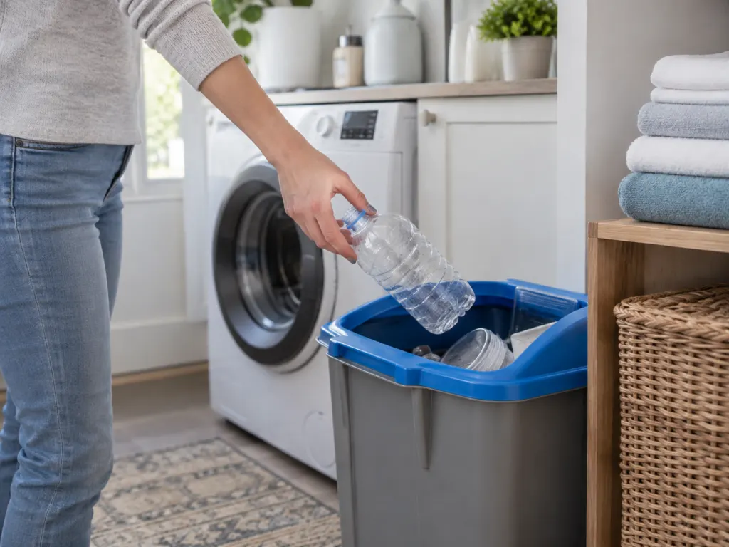 A clean empty plastic bottle being placed into a recycling bin near folded laundry.