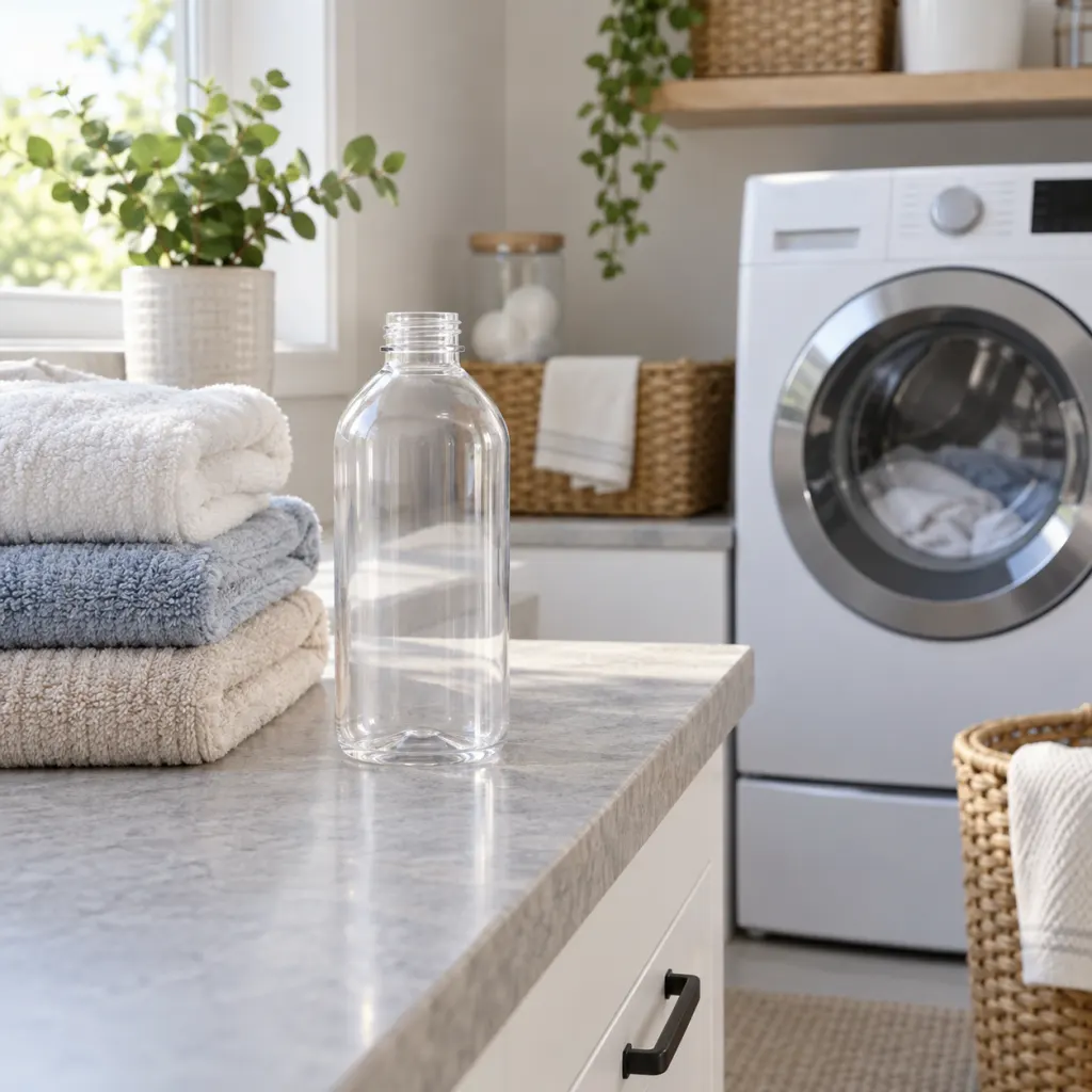An empty plastic bottle beside folded towels with a washing machine in the background.