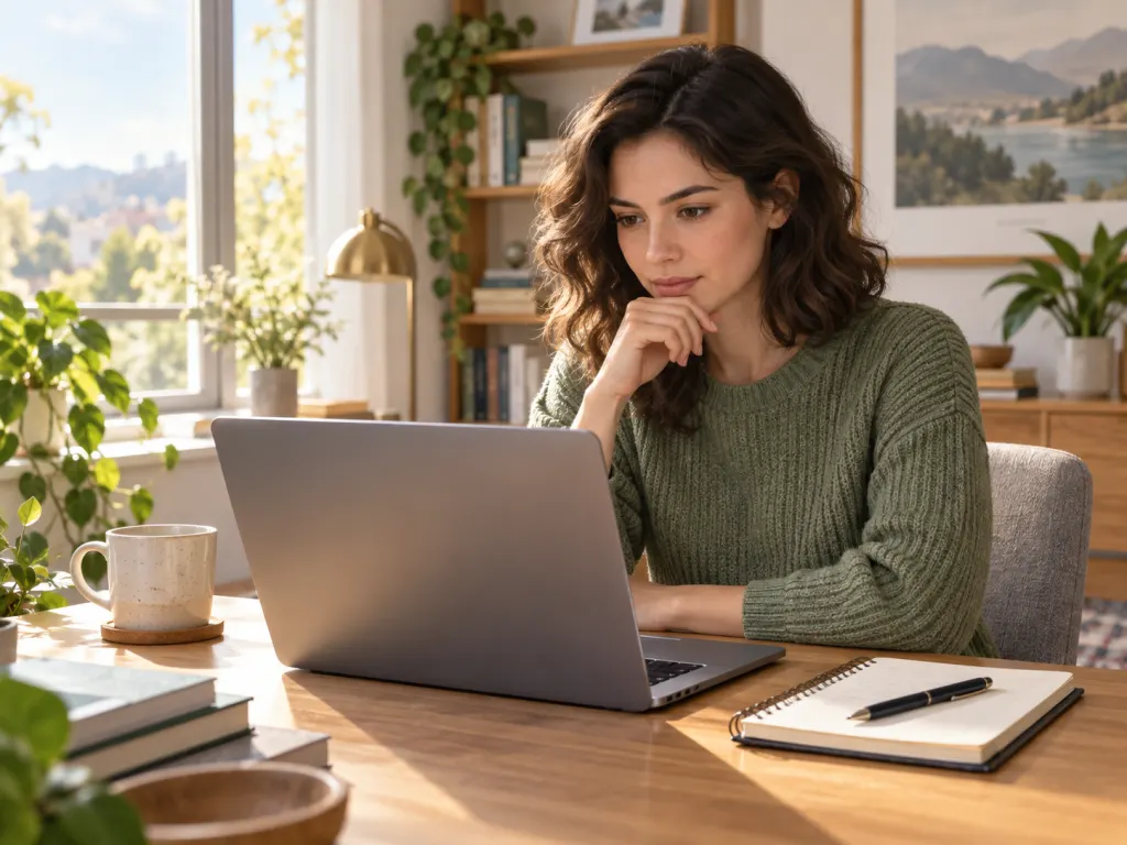 Person at a desk carefully reading from a laptop while taking notes, representing deliberate media literacy practice