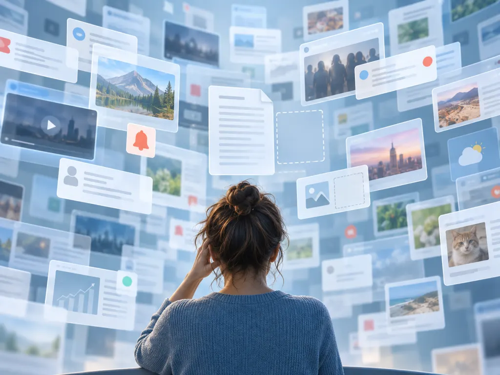 Abstract illustration of overlapping partial digital content cards representing information overload online
