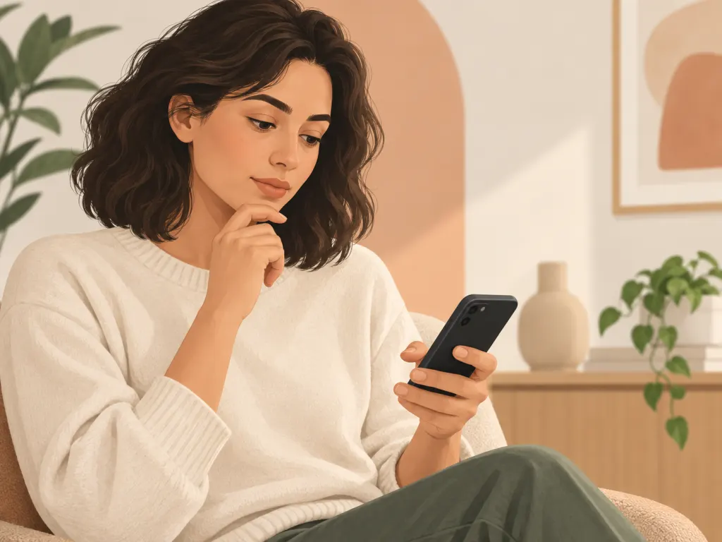 Person pausing thoughtfully with thumb hovering before tapping the screen on a smartphone