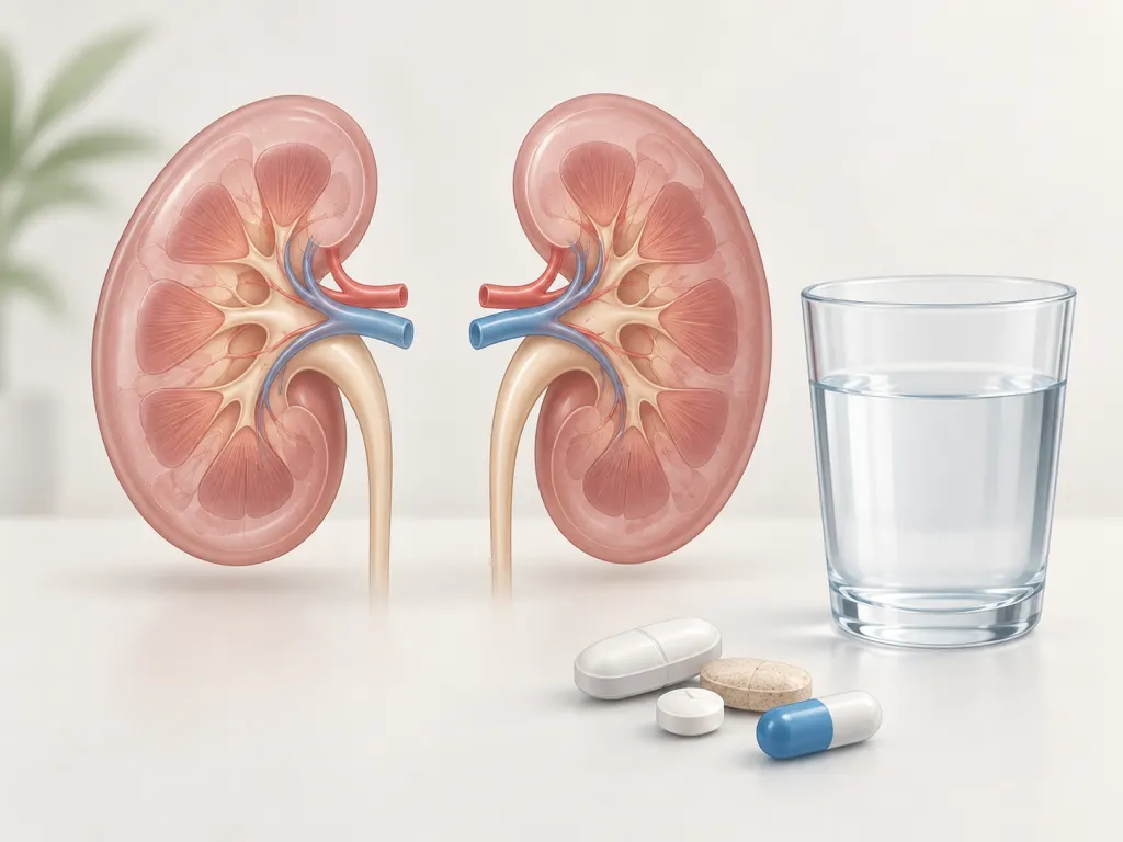 A non-graphic illustration of kidneys beside generic pills and a glass of water