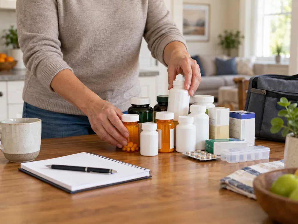An adult organizes medicines and supplements together for a review