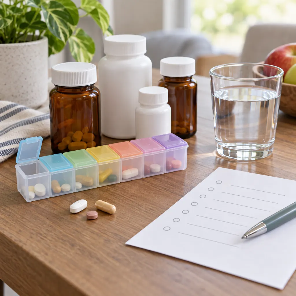 A pill organizer, medicine bottles, water glass, and blank medicine list on a clean tabletop