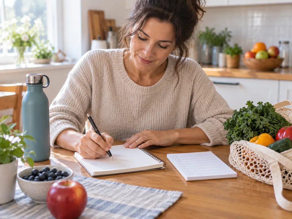 Person planning realistic weekly health habits at a kitchen table.