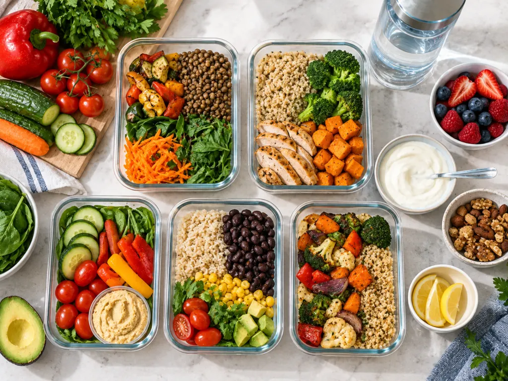 Meal-prep containers with vegetables, grains, lentils, yogurt, berries, and water.
