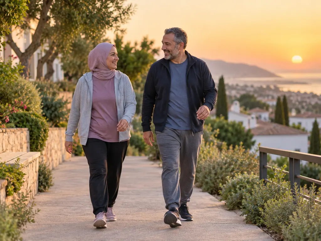 Two adults walking together on a neighborhood path in soft evening light.
