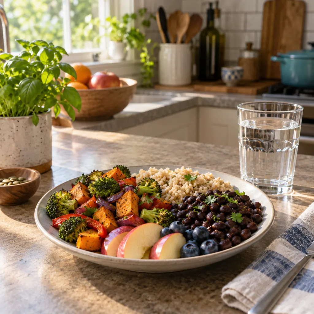 Balanced home meal with vegetables, grains, fruit, and water on a kitchen counter.