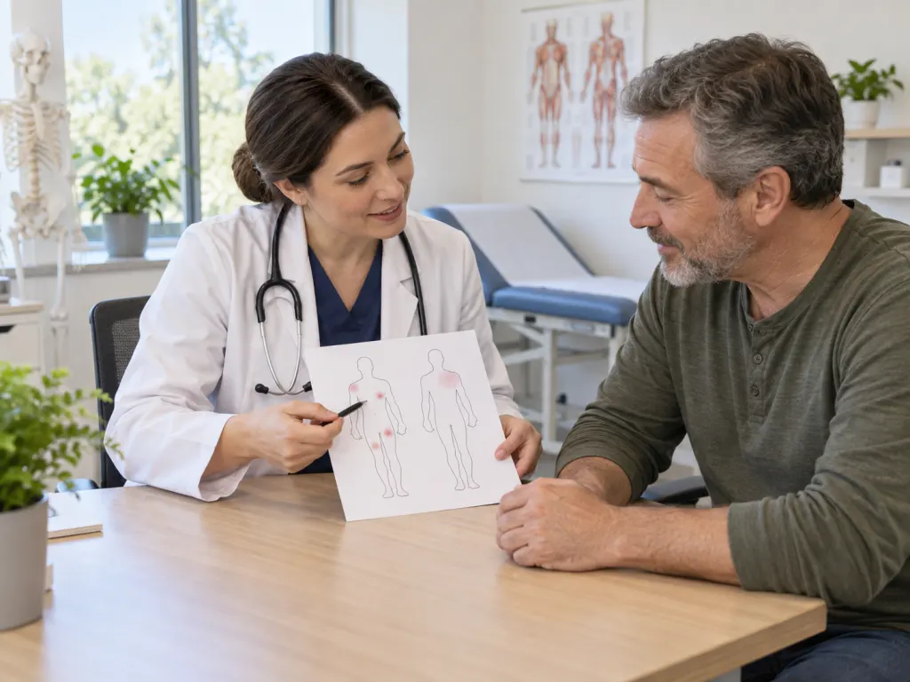 Clinician and patient reviewing a body symptom diagram during a calm consultation