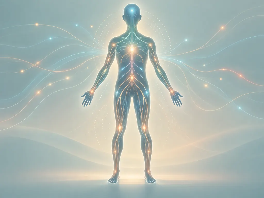 Educational illustration of soft nervous system pathways around a neutral silhouette