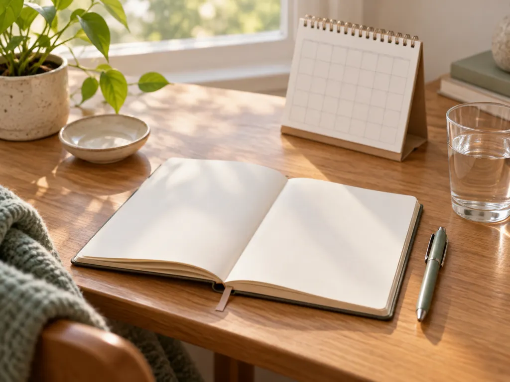 Blank symptom journal and pen on a calm tabletop for tracking patterns before an appointment