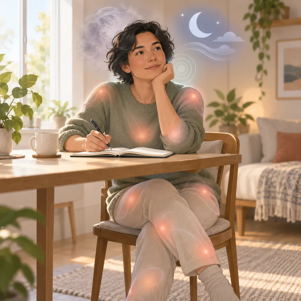 Calm illustration of an adult using a symptom journal with subtle cues for fatigue, sleep, focus, and body discomfort
