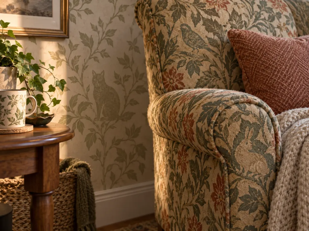 A detailed living room close-up showing patterns and outlines that could disguise small hidden objects.
