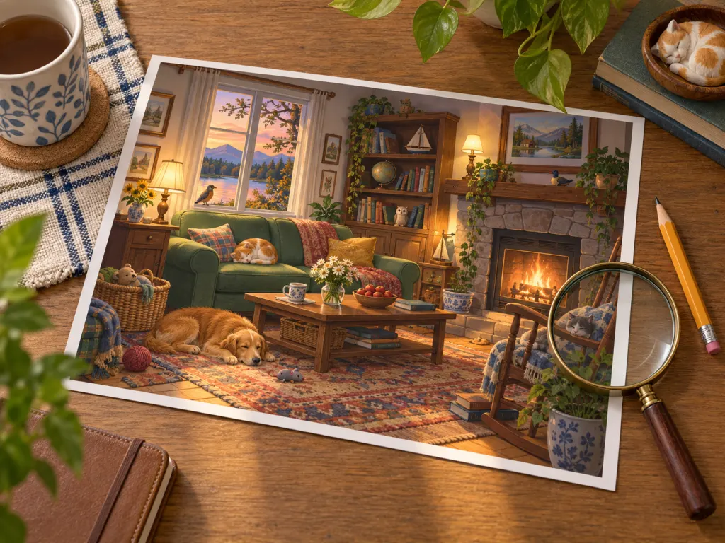A puzzle page on a table with a magnifying glass and pencil suggesting a careful search strategy.
