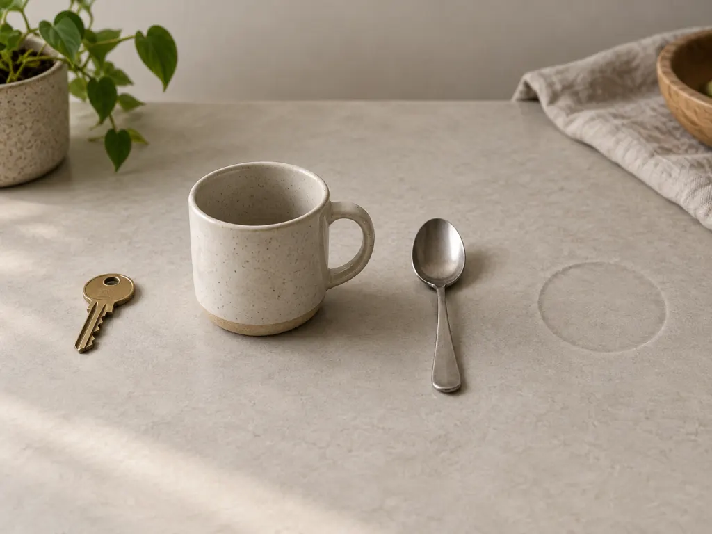 Three small household objects on a tabletop with one empty space representing the missing decoy object.