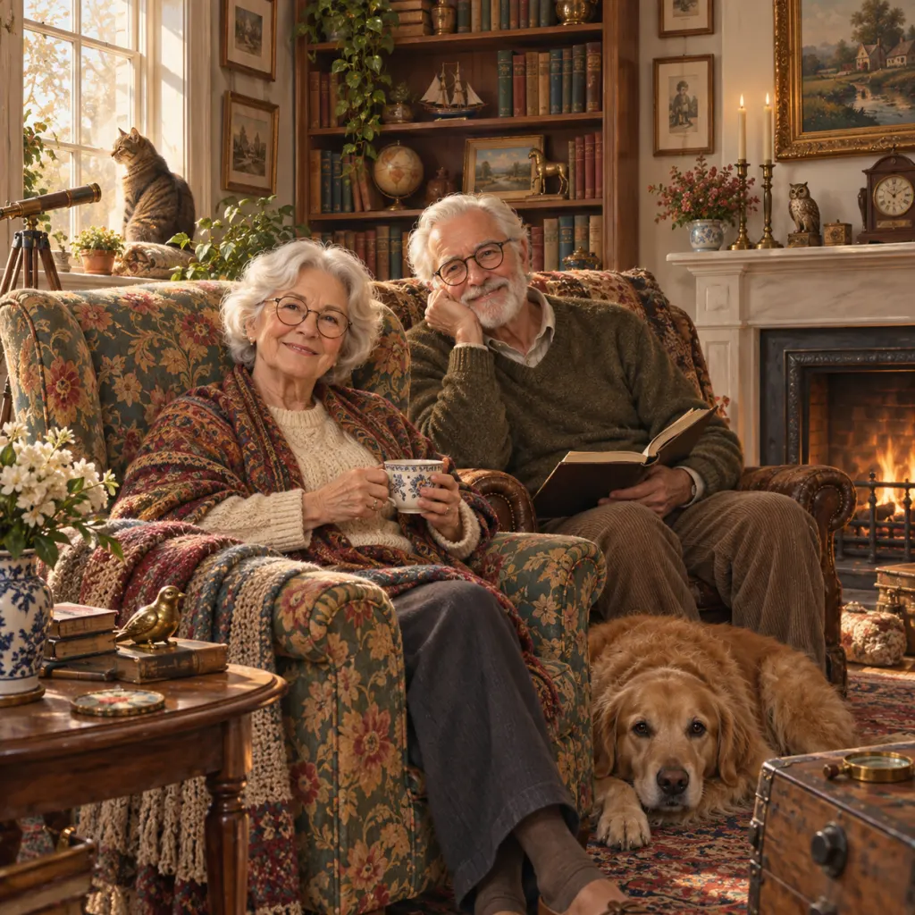 A cozy illustrated living room scene with an older couple and many small details for a hidden-object puzzle.