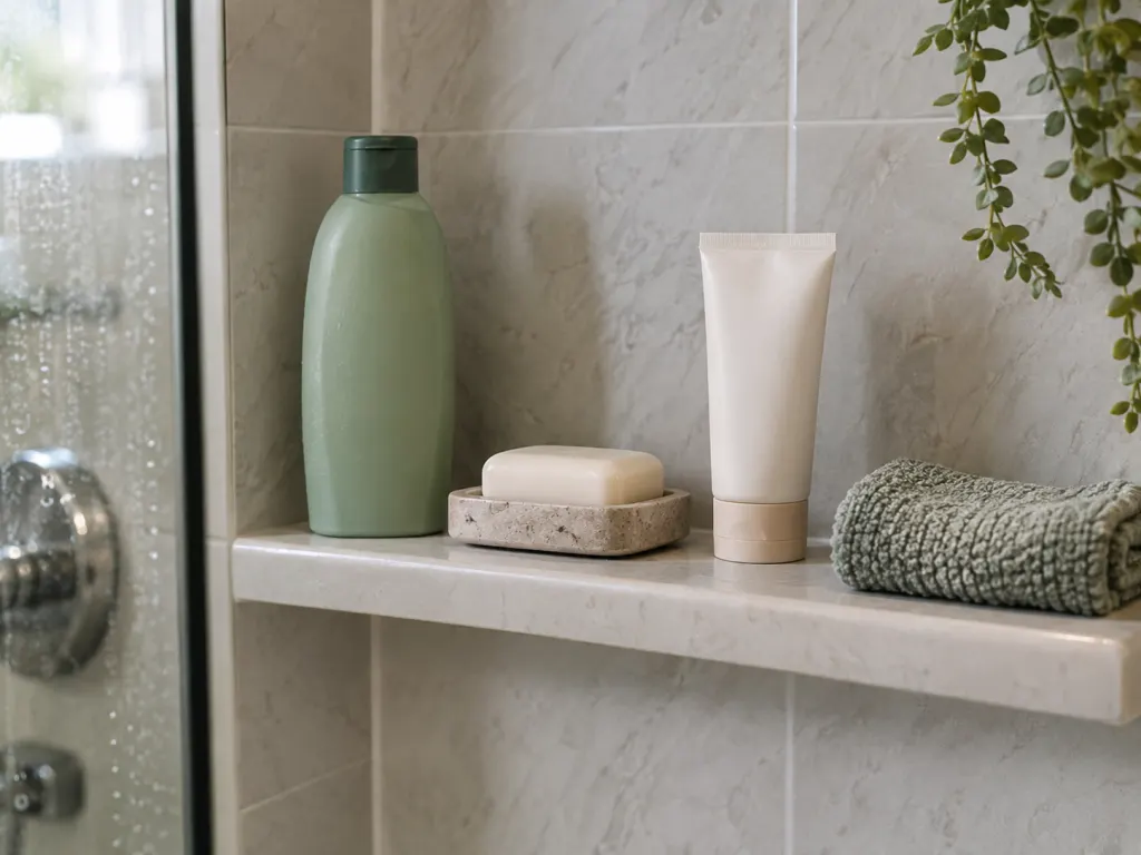 A shower shelf with common bath products arranged within easy reach.