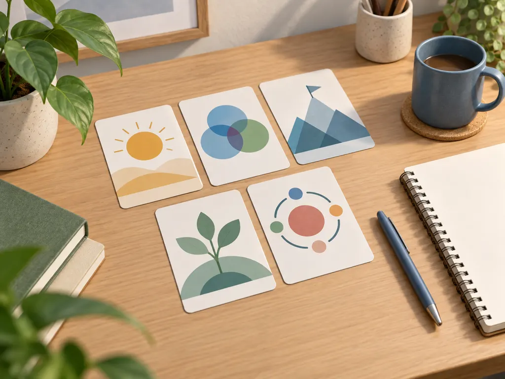 A notebook and abstract trait cards arranged for personality reflection.